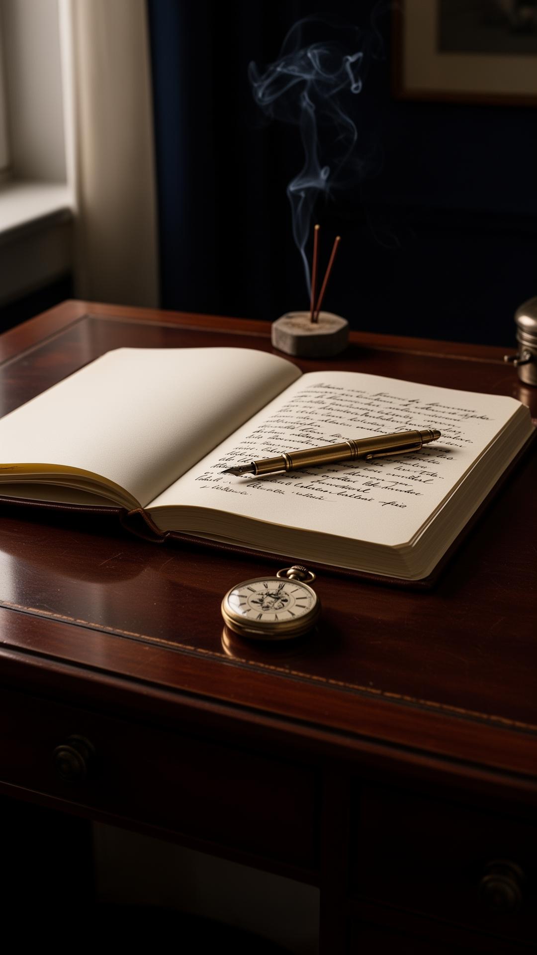 An open journal on a writing desk, fountain pen resting beside a pocket watch — a private archive of thought.