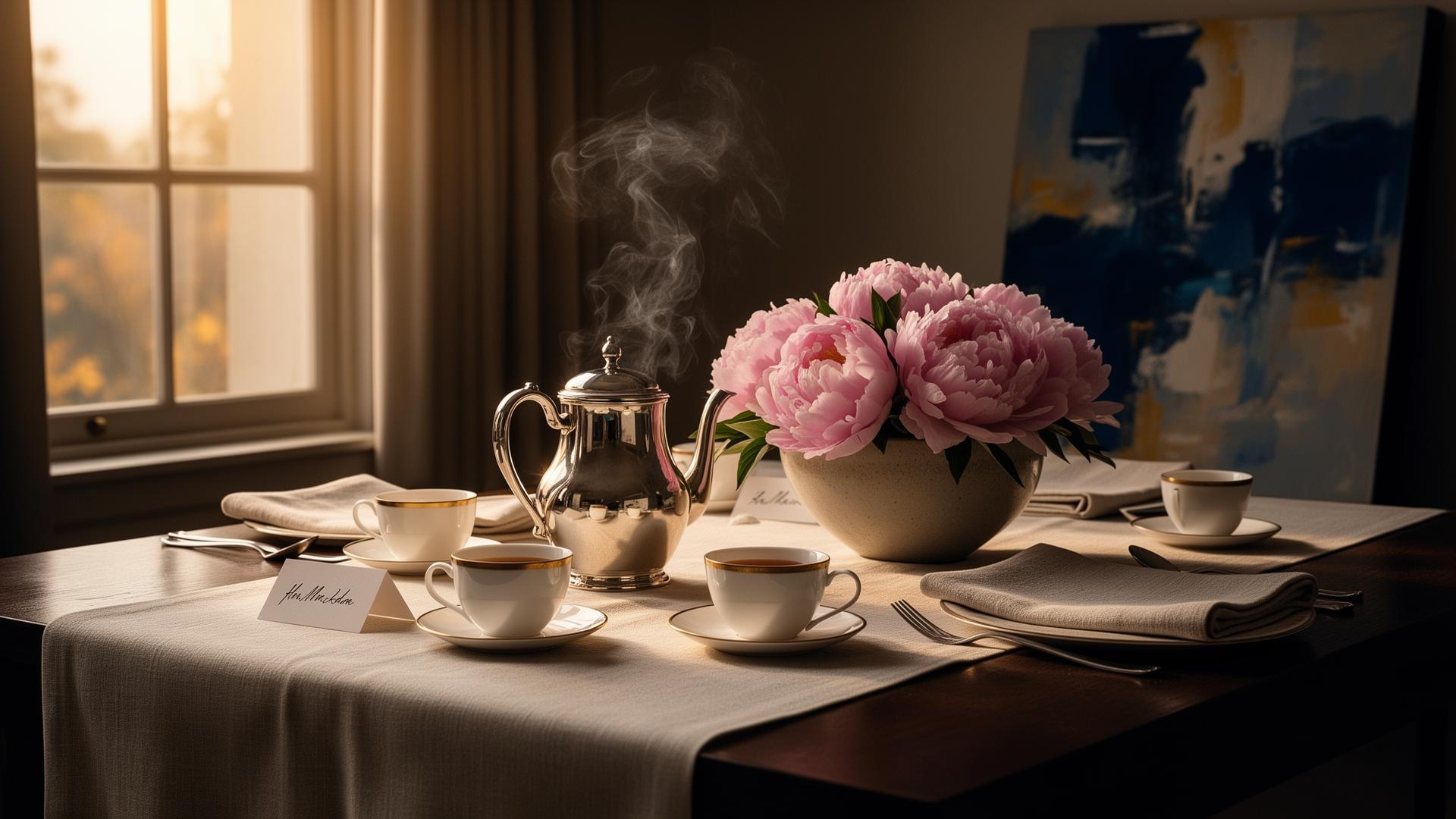 A refined retreat tablescape — fine china, peonies, soft afternoon light.